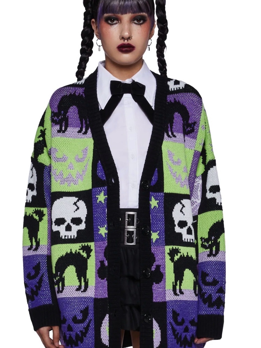 NWOT - Dolls Kill Halloween Checkerboard Cardigan in Purple, Lime & Black
